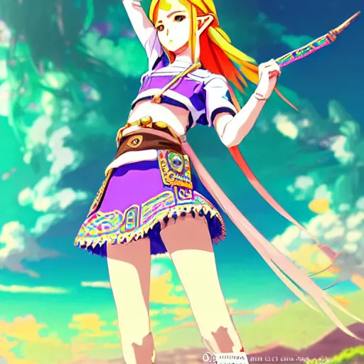 Image similar to a beautiful young feminine link from botw gravure model, wearing japanese mayan street fashion school girl outfit with mayan pattern and native style, aztec street fashion, jrpg, perfect anime face, gapmoe yandere grimdark, trending on pixiv fanbox, painted by greg rutkowski makoto shinkai takashi takeuchi studio ghibli, akihiko yoshida