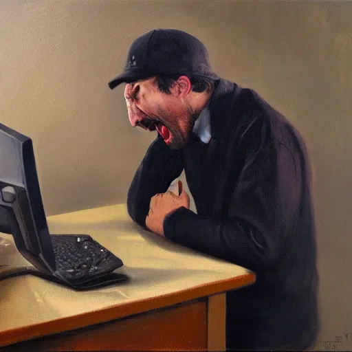 Image similar to an angry man yells at his computer monitor, oil on canvas, highly detailed