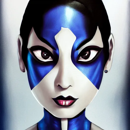 Image similar to masterpiece closeup portrait of Kitana from Mortal Kombat, trending on Artstation, comic art, symmetrical artwork, high detail