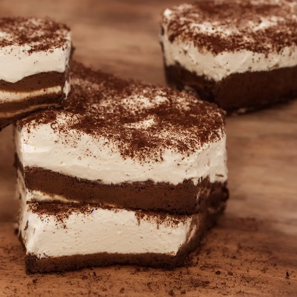 Image similar to close - up view of tiramisu on top of a wooden table, 8 k, high detail, photorealistic, proper shading