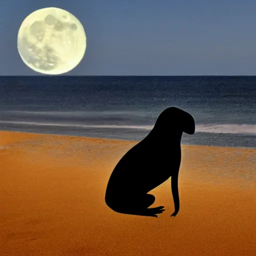 Prompt: silhouette of kermit in front of a full moon, beach horizon