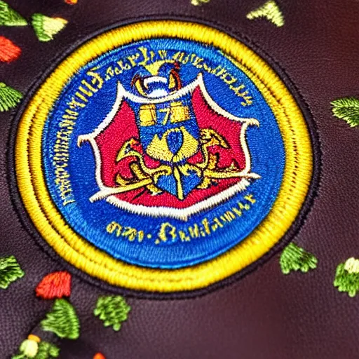 Image similar to closeup photo of a colorful embroidered patch of the coat - of - arms of a buffalo - themed house of hogwarts. the patch is sewn onto a leather school - bag. the name watanka appears on the patch.