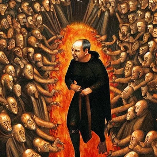 Image similar to nathan fielder walking around hell!!!!!!! dante's inferno!!! medieval painting, oil painting