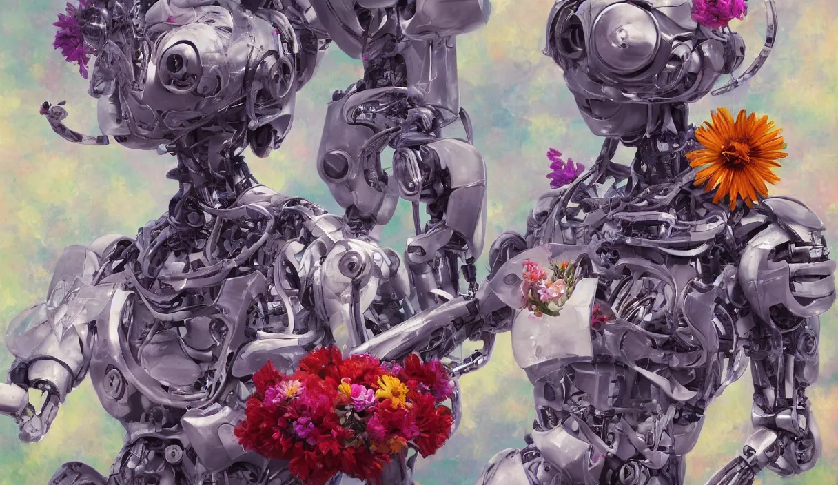 Image similar to A robot with flowers painting a beautiful artwork of himself, oil painting, digital art trending on artstation