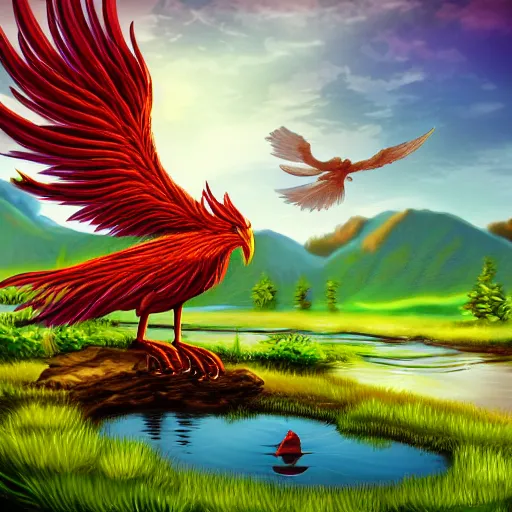 Prompt: prompt anthropomorphic phoenix, sitting at a pond, mountainous area, trees in the background, digital art
