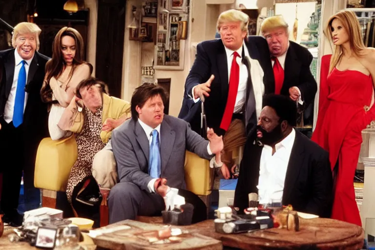 Image similar to Angelina Jolie, Boris Johnson, Mr T, Donald Trump, Wesley Snipes, best friends, on set of Friends TV show, still photo, hyperrealistic, 35mm, 8k, by weta digital