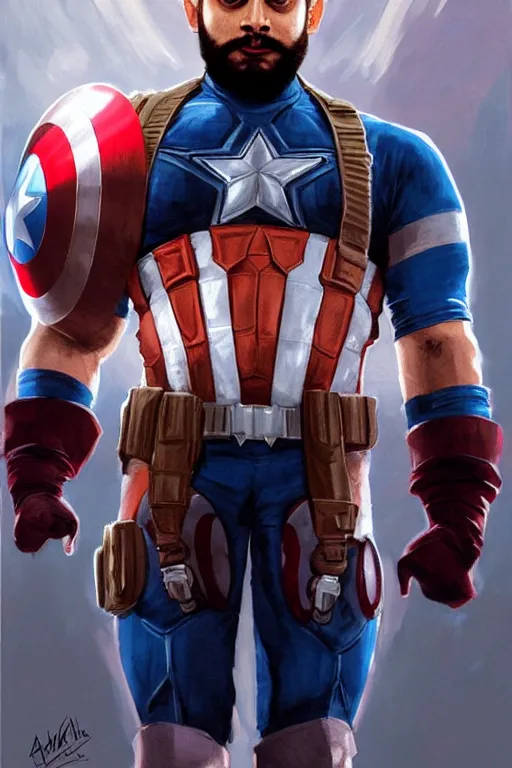 Image similar to Narendra Modi as Captain America, claws are up, red and blue Captain America costume, Narendra Modi hairstyle and beardstyle, calm, grumpy, portrait, masculine figure, highly detailed, digital painting, artstation, concept art, smooth, sharp focus, illustration, cinematic lighting, art by artgerm and greg rutkowski and alphonse mucha