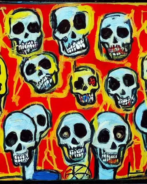 Image similar to oil neo expressionism painting of skull skeletons singing in the choir by basquiat