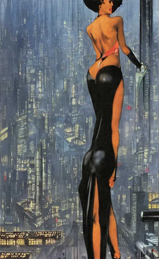 Image similar to an elegant Black woman in dress and heels, her back is to us, looking at a futuristic Blade Runner city, by Robert McGinnis.