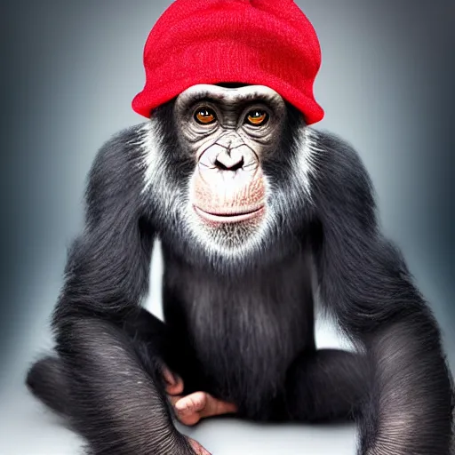 Image similar to cute chimpanzee using a wool cap. Studio photography