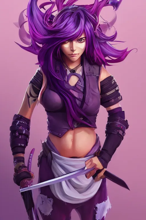 Image similar to beautiful female flowing purple hair katana tattoo symmetrical face eyes full length fantasy art apex fortnite Video game icon, 2d game art gta5 cover , official fanart behance hd artstation by Jesper Ejsing, by RHADS, Makoto Shinkai and Lois van baarle, ilya kuvshinov, rossdraws