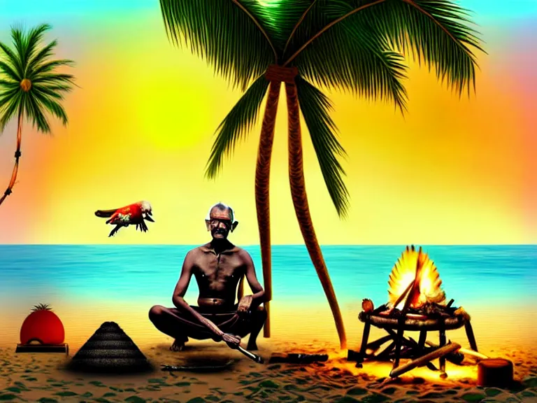 Image similar to gandhi sitting on a beach next to a campfire with palm trees in the back, holding a cigar, sunset, surrounded by animals parrot turtle lizard crab coconuts, glorious lighting, epic environment, highly detailed, digital art, hyper realistic