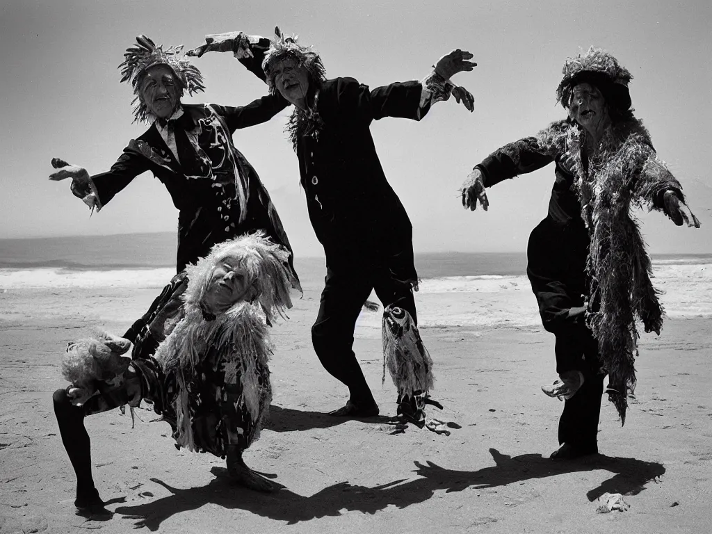 Prompt: a couple of grandparents of 1 0 0 years old wearing cursed costumes and dancing on a beach, extreme long shot, kodachrome, backlight, add a glow around subj. edge, in twin peaks, studio light, 1 9 9 0 s