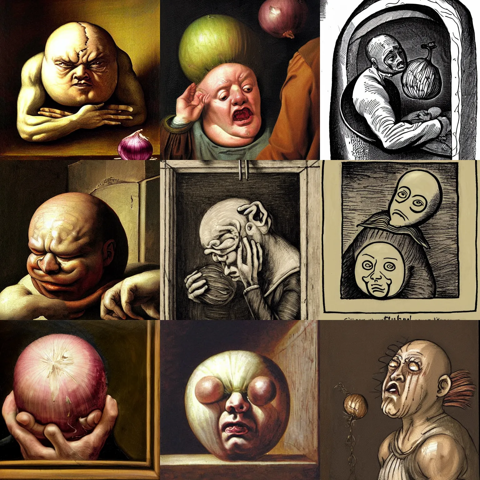 Prompt: crying onion man imprisoned in jail, baroque painting, sorrowful, head is an onion, surrounded by onions