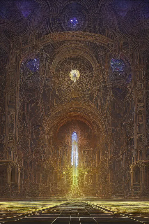 Image similar to a centered photo real render of a post apocalyptic cathedral surrounded by glowing fractals and ornate flowing light streams sacred geometry, by beeple, by donato giancola, unreal engine