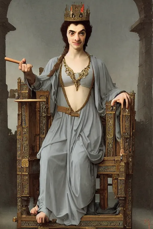 Image similar to Mr Bean as medieval queen, sit on throne, bouguereau