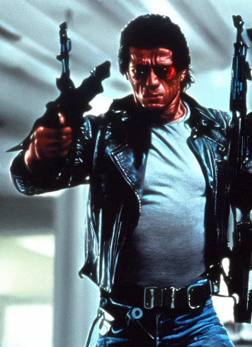 Prompt: film still of Silvester Stalone as The Terminator in The Terminator, 4k