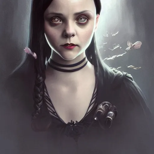 Image similar to Christina Ricci as Wednesday Addams, D&D, fantasy, intricate, cinematic lighting, highly detailed, digital painting, artstation, concept art, smooth, sharp focus, illustration, art by Artgerm and Greg Rutkowski and Alphonse Mucha