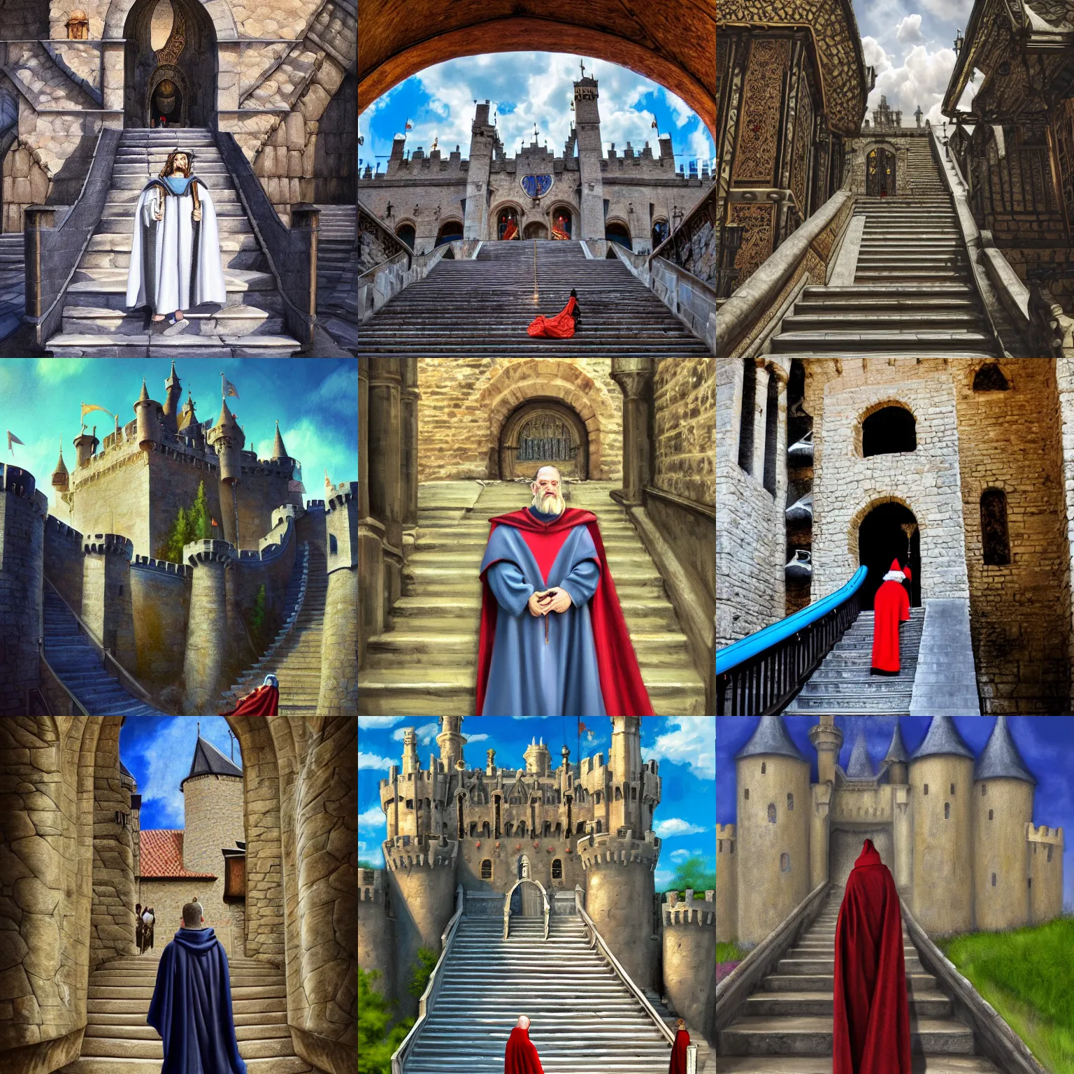 Prompt: Wide high angle view of a medieval king in regal robes facing the viewer, coming down a small, low-budget rubber escalator (moving staircase), to the castle courtyard, late morning, blue sky, fluffy white clouds, anachronistic fantasy, digital art oil painting, trending on artstation, 4k