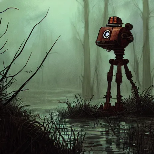 Image similar to illustration of a small and rusty observation droid in a swamp by don bluth, eerie atmosphere, fog, cinematic lighting, pulp adventure comics