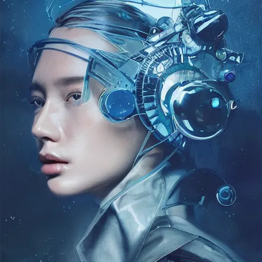 Prompt: sci - fi, close - up, 3 d, moon rays, sleepy fashion model face, cinematic, clouds, sun rays, vogue cover style, poster art, blue mood, realistic painting, intricate oil painting, high detail illustration, figurative art, multiple exposure, water, 3 d, by tooth wu and wlop and beeple and greg rutkowski