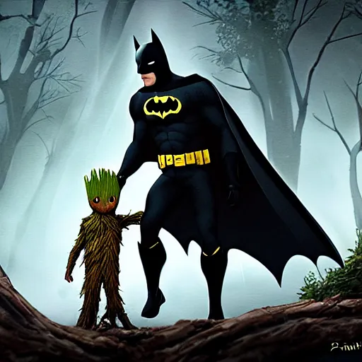 Image similar to batman meets groot in the woods digital art 4 k detailed super realistic