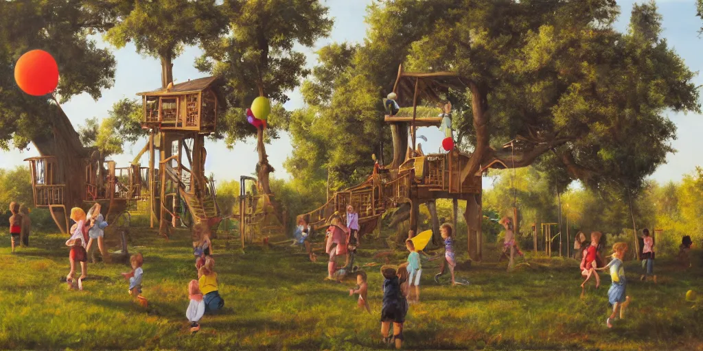 Image similar to masterful oil on canvas painting, eye - level view, shot from 5 0 feet distance, of kids playing in a treehouse. in the background human children run around having fun. golden hour, detailed, depth, volume, chiaroscuro, quiet intensity, limited color palette. in the background there are a couple of balloons floating in the sky.