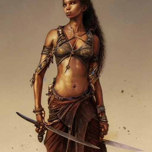 Image similar to artstation concept of a beautiful girl holding a sword in both hands, brown skin, sweaty skin, symmetrical face, casual white garment, brown canyon background, shiny colorful, hyperdetailed, artstation trending, world renowned artists, worth1000.com, historic artworks society, antique renewel, cgsociety, by greg rutkowski, by Gustave Dore, Deviantart