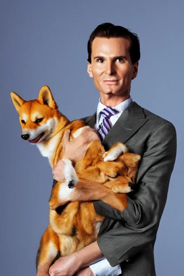 Image similar to a highly detailed portrait of patrick bateman from american psycho holding a shiba inu in his arms, hyperrealistic, highly detailed, 8 k, canon 2 4 mm f / 1. 4 lens,