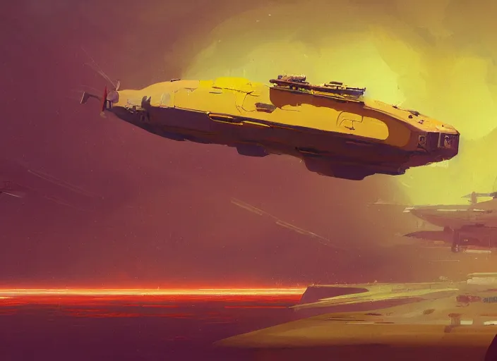 Image similar to a painting of a futuristic yellow submarine plane flying through the sky, red wings, concept art by Ian McQue, cgsociety, highly detailed, artstation, concept art, sci-fi