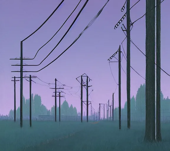 Image similar to realistic powerlines, by simon stalenhag