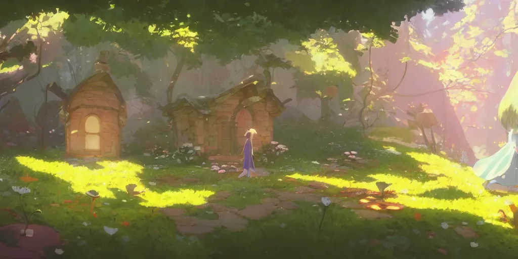 Image similar to fairy mushrooms house, moss, lianne, by cory loftis & akihiko yoshida & james gilleard & atey ghailan & makoto shinkai & goro fujita & studio ghibli, rim light, exquisite lighting, clear focus, magic atmosphere, very coherent, plain background, soft painting