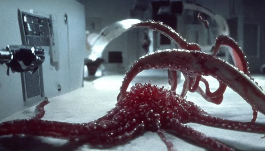 Image similar to Big budget horror movie, a squid bloodily decapitates a cyborg