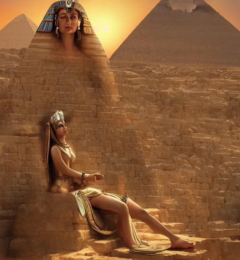 Image similar to a concept painting showing cleopatra on her throne at top of the great pyramid of giza. good quality, good light, anatomically correct, digital art, artstation 8 k