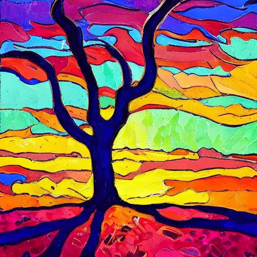 Image similar to a painting of a tree in the sunset, a gouache by Erin Hanson and RHADS, deviantart, neo-fauvism, fauvism, impressionism, vivid colors, rich color palette, acrylic art