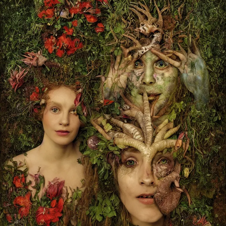 Prompt: a fish eye lense photograph of a grinning druid dryad with goat pupils transforming herself into a mad beast. her skin is covered in scales and feathers. flowers surround her body and trees tower around her. painted by jan van eyck, max ernst and ernst haeckel, trending on artstation, 8 k, award winning, hard lighting, fashion editorial