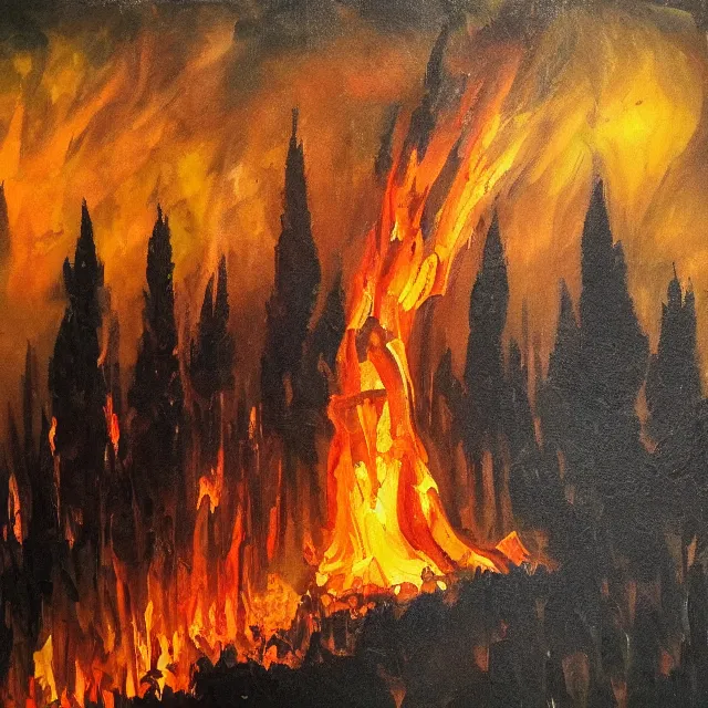 Image similar to burning church in a dark forest, oil painting