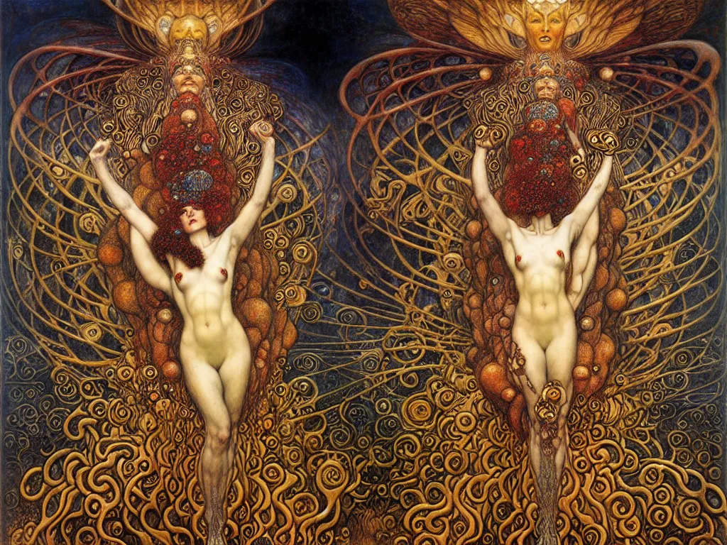 Prompt: Divine Chaos Engine by Karol Bak, Jean Delville, William Blake, Gustav Klimt, and James Jane, symbolist, visionary.