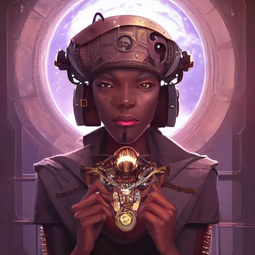 Image similar to african steampunk alchemist, science fiction, highly detailed, digital painting, beautiful eyes, symmetry, concept art, sharp focus, illustration, global illumination, radiant light, detailed and intricate environment, art by artgerm and greg rutkowski and magali villeneuve and ilya kuvshinov!