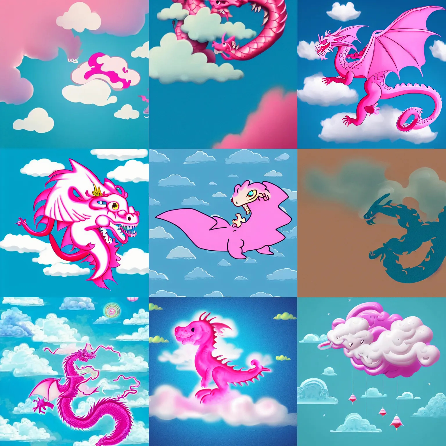 Prompt: a pink cloud in the shape of a dragon with a bright blue background, realistic, detailed, cloud in the shape of a dragon, chinese dragon