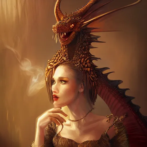 Prompt: portrait, female dragon, wearing dress, smoking cigarette, gorgeous, intricate, elegant, volumetric lighting, scenery, high detail digital art, smooth, tony sart, randy vargas, rembrandt, sharp focus, illustration, concept art