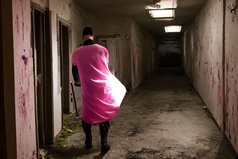 Image similar to batman wearing pink apron wielding an axe, chasing through old brown decrepit hallway, creepy smile, atmospheric eerie lighting, dim lighting, bodycam footage, photograph