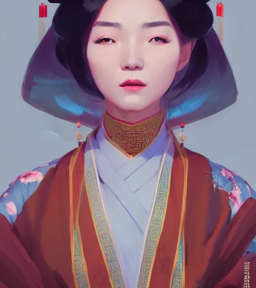 Image similar to portrait of a chinese female immortal in amazing chinese dress 汉 服 by atey ghailan, by greg rutkowski, by greg tocchini, by james gilleard, by joe fenton, by kaethe butcher, dynamic lighting, gradient light blue, brown, blonde cream and white color scheme, grunge aesthetic