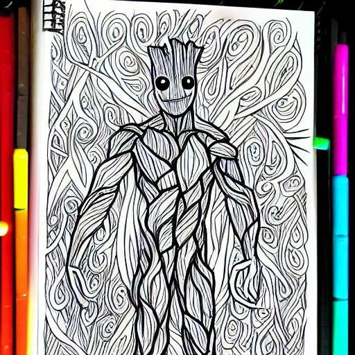 Prompt: Groot as a page in a coloring book