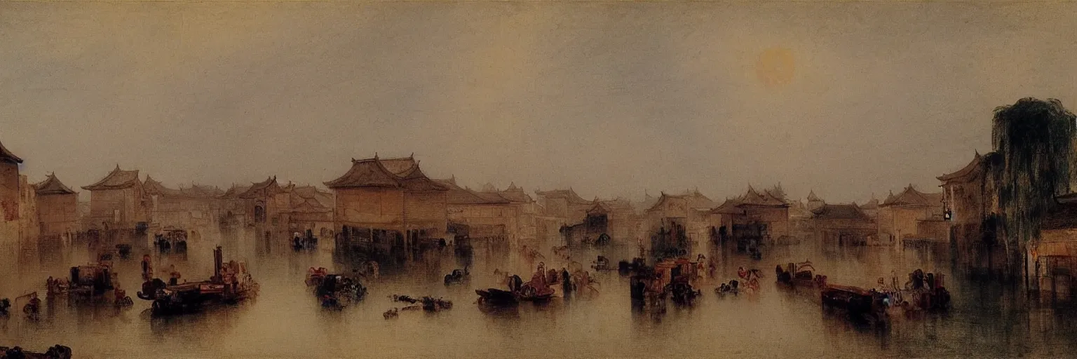 Image similar to wuzhen of china impressionism style by j. m. w. turner, c. 1 8 2 7, - h 1 5 3 6