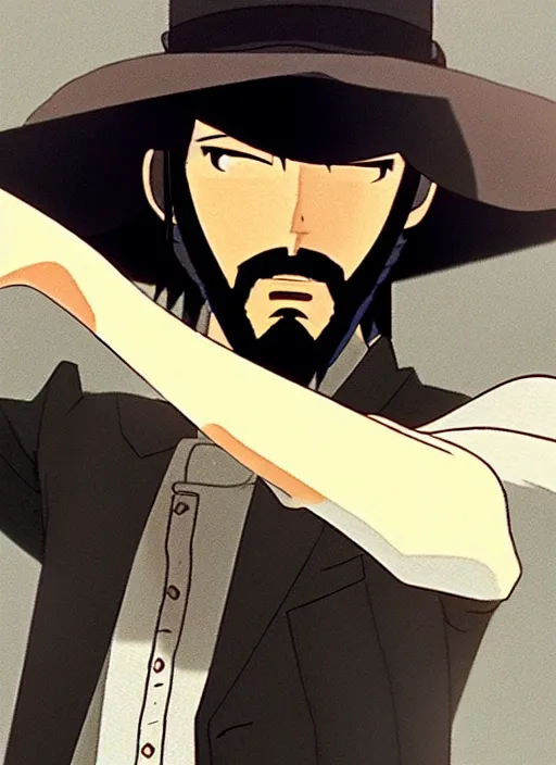 Prompt: a film still portrait of a 1 9 7 0's jigen, finely detailed features, closeup at the face, perfect art, in ancient city ruins, water, sun, gapmoe yandere grimdark, trending on pixiv fanbox, painted by greg rutkowski makoto shinkai takashi takeuchi studio ghibli, akihiko yoshida,