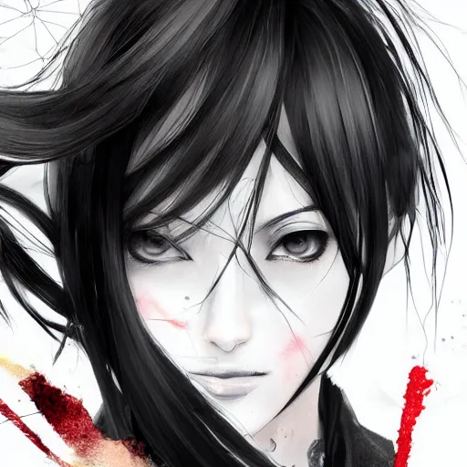 Image similar to heroine, beautiful, sui ishida with black hair art manga, hyperrealistic, highly detailed, a real photographic, digital art, 8 k, character, realistic, portrait, female samurai, symatrical, dark atmospheric lighting, artstation, symetric, lineart