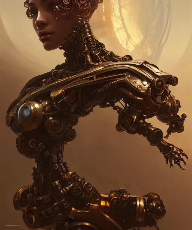 Image similar to laputa robot portrait, sci-fi steampunk, fantasy, intricate, elegant, highly detailed, digital painting, artstation, concept art, smooth, sharp focus, illustration, art by artgerm and greg rutkowski and alphonse mucha