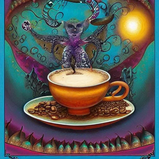 Image similar to surreal hippie coffee, artwork by daniel merriam