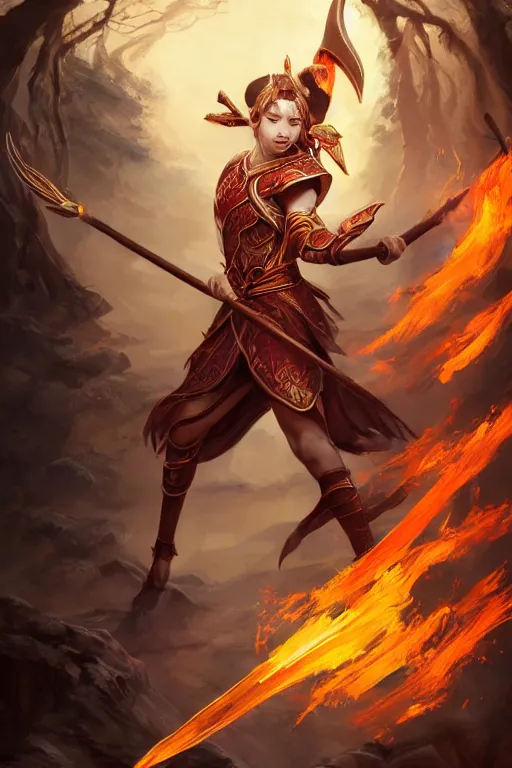 Image similar to a masterpiece portrait of nezha, young elf prince holding spear, flame everywhere, epic pose, fantasy character portrait, closeup shot, hyper detailed, digital painting, 8 k realistic, trending on artstation, sharp focus, dof, by fenghua zhong, artgerm, ne zha from smite, jeff easley, raymond swanland